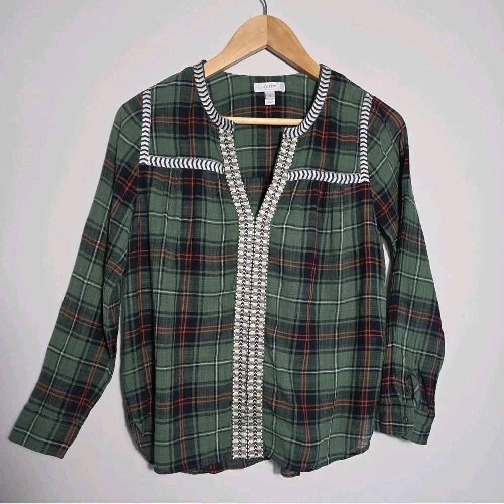 J.Crew Plaid Blouse Women Size 0 Green 100% Cotton Embroidered Boho Top